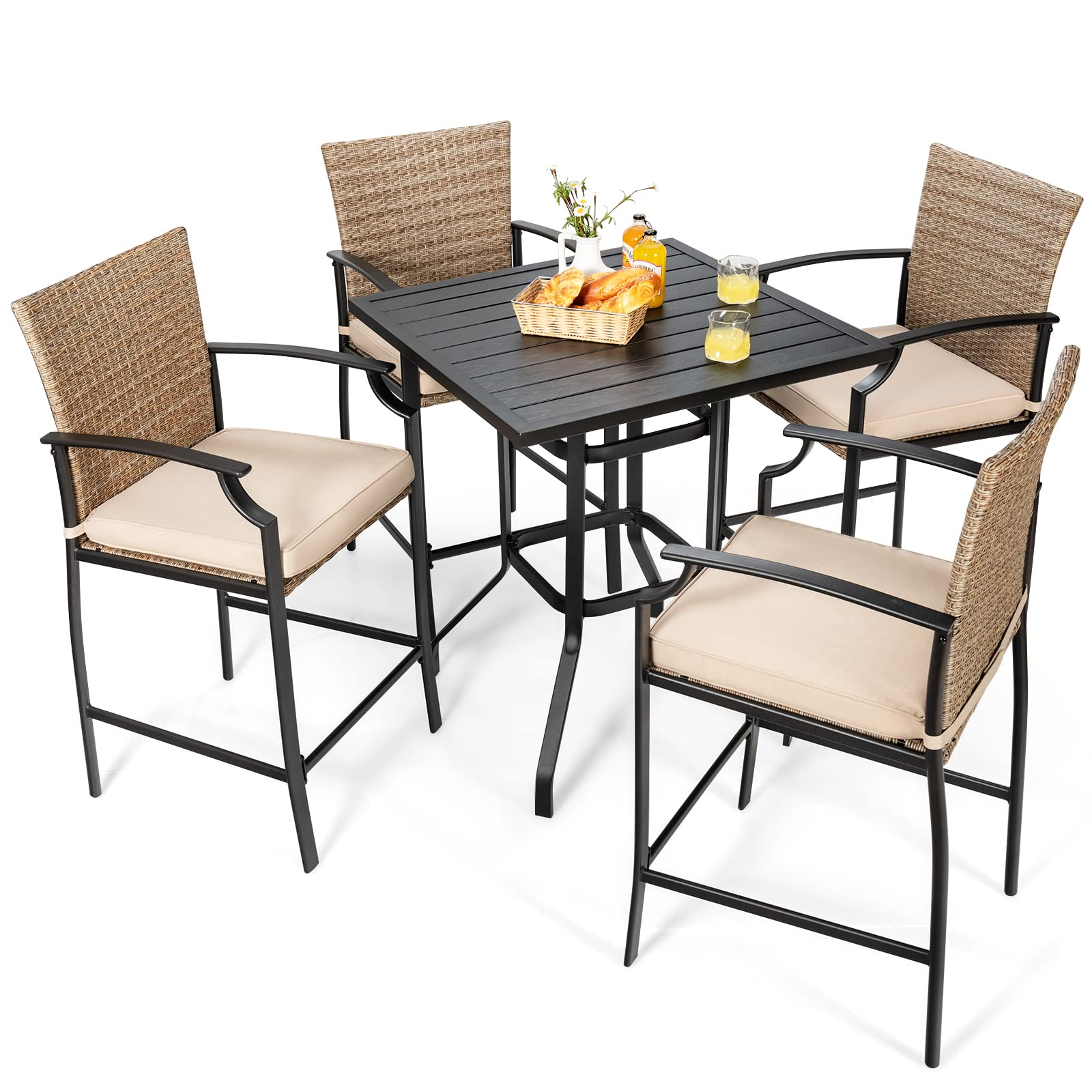 Tangkula 5 Pieces Outdoor Patio Bar Set, Rattan Bistro Set W/ 4 Wicker Bar Stools & 1 Bar Table